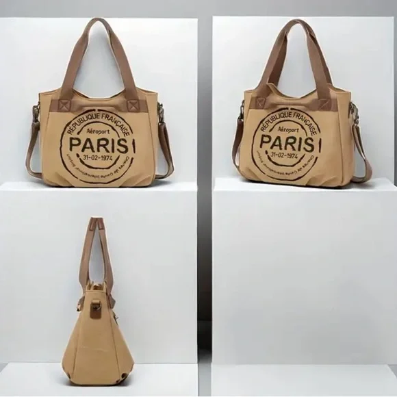 NWT Tan Canvas 2 Way Shoulder Bag with Paris Print 14x9 - Picture 6 of 11